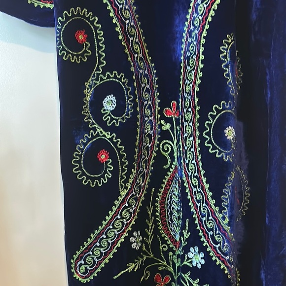 Rare Vintage 1970’s India Crushed Velvet Rayon Embroidered Blue Kaftan Maxi - Picture 5 of 16
